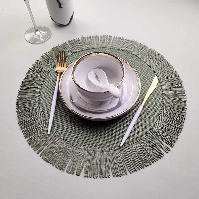 Round Jute Placemats Fringe - Black Green Brown - Set of 2/4