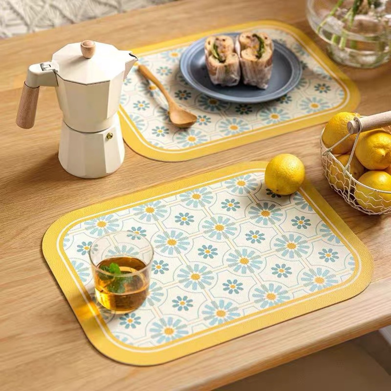 Thick Yellow Leather Placemats - Non-Slip Table Mats Set 2/4