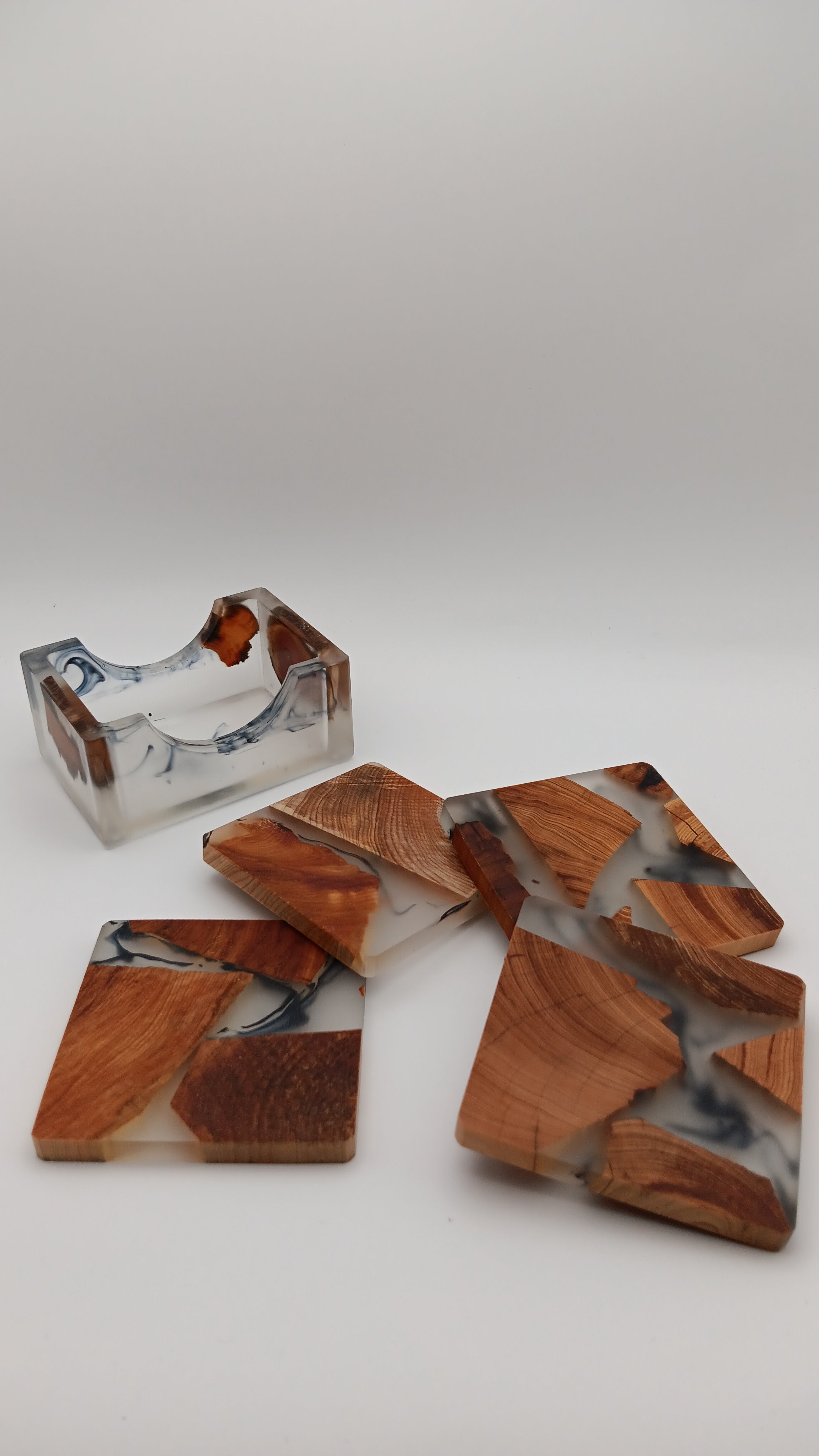 Square Wooden Resin Coasters - Set of 4 with Holder Handmade