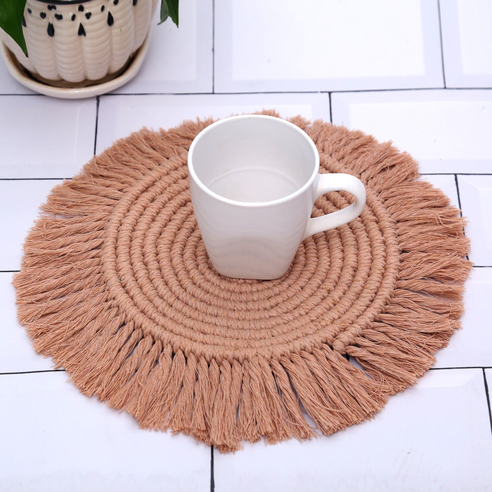 Round Boho Placemats - Thick Cotton Mats Set - Brown & White