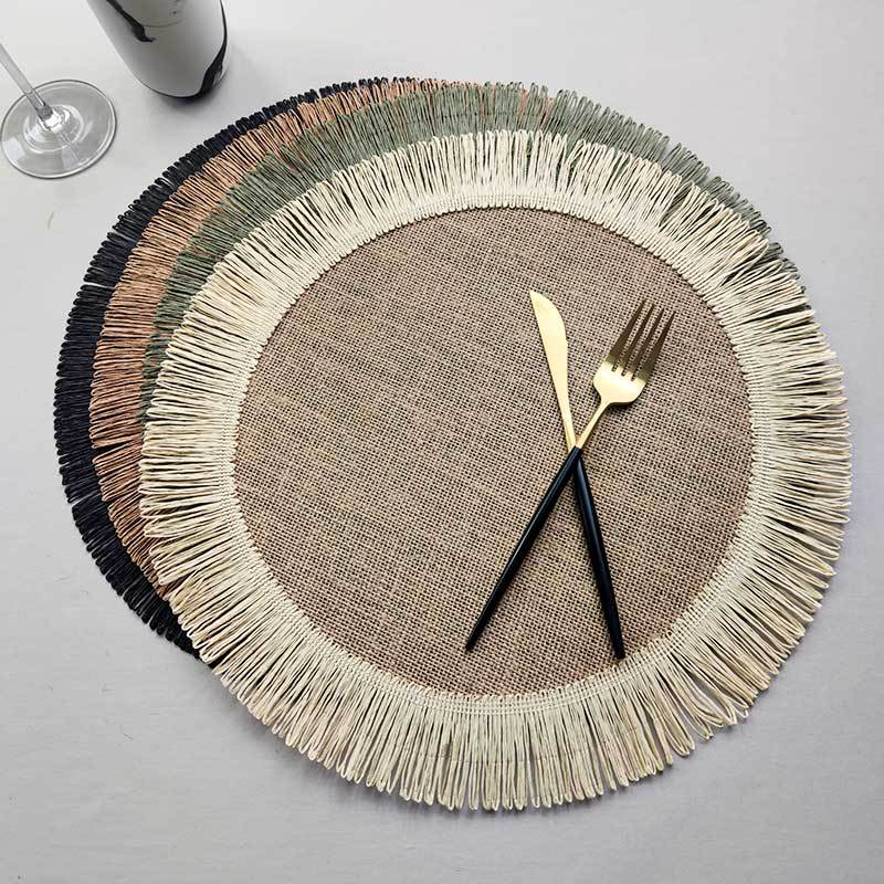Round Jute Placemats Fringe - Black Green Brown - Set of 2/4