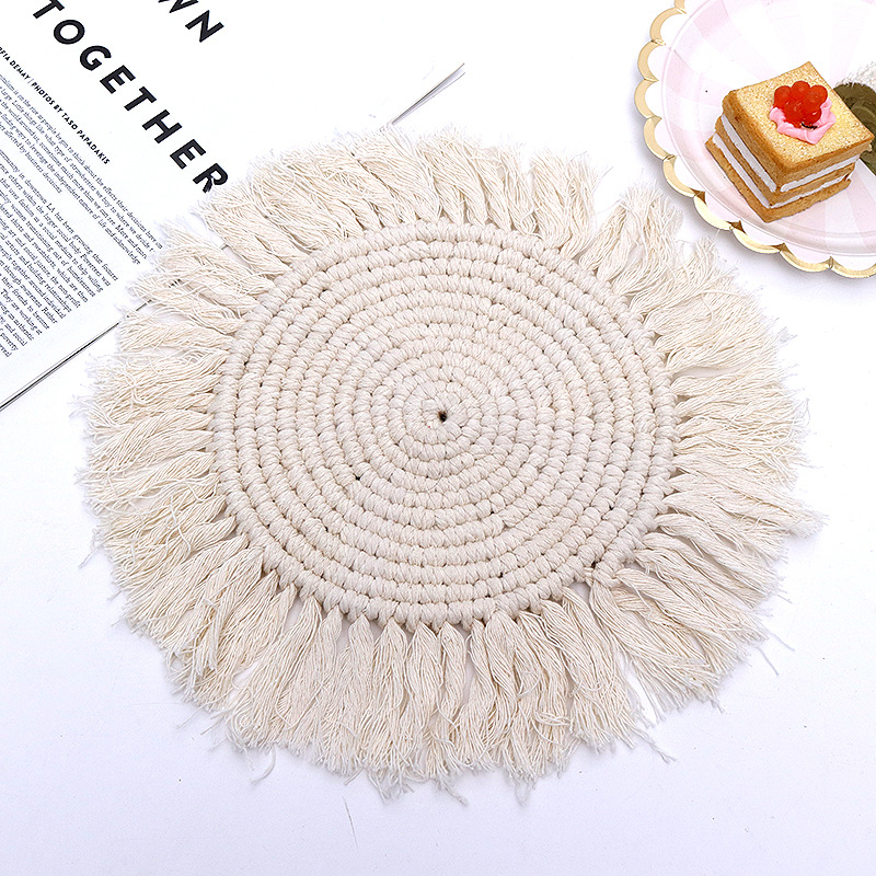 Round Boho Placemats - Thick Cotton Mats Set - Brown & White