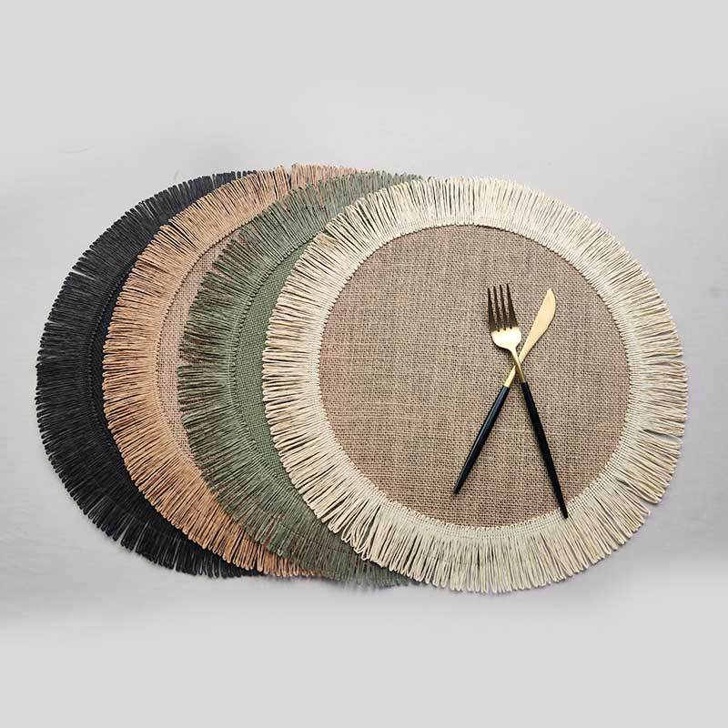 Round Jute Placemats Fringe - Black Green Brown - Set of 2/4