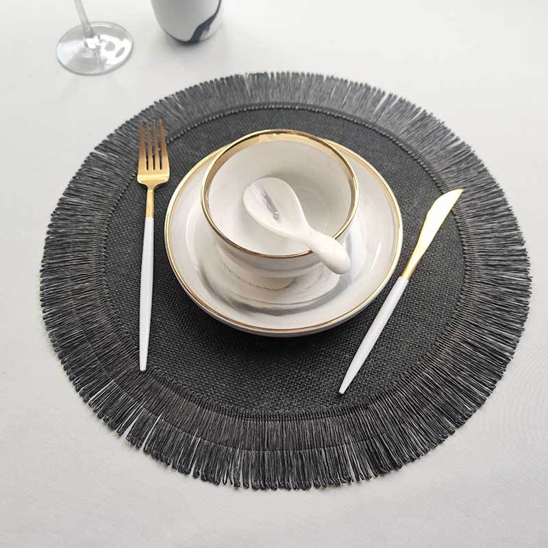 Round Jute Placemats Fringe - Black Green Brown - Set of 2/4