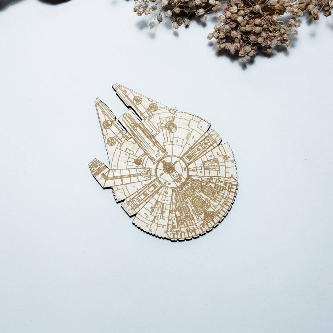 Handcrafted wooden coasters featuring Millennium Falcon design, set of 8 for kitchenware and housewarming