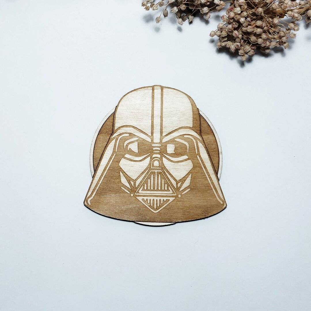 Handcrafted Star Wars Wooden Coasters Set featuring Darth Vader and Anakin Skywalker designs