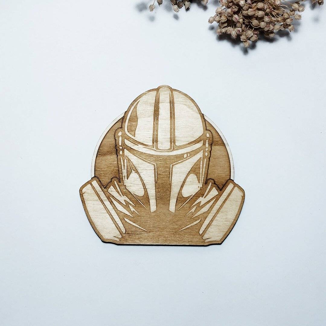 Handmade eco-friendly wooden coasters inspired by The Mandalorian - perfect for kitchenware and housewarming gifts