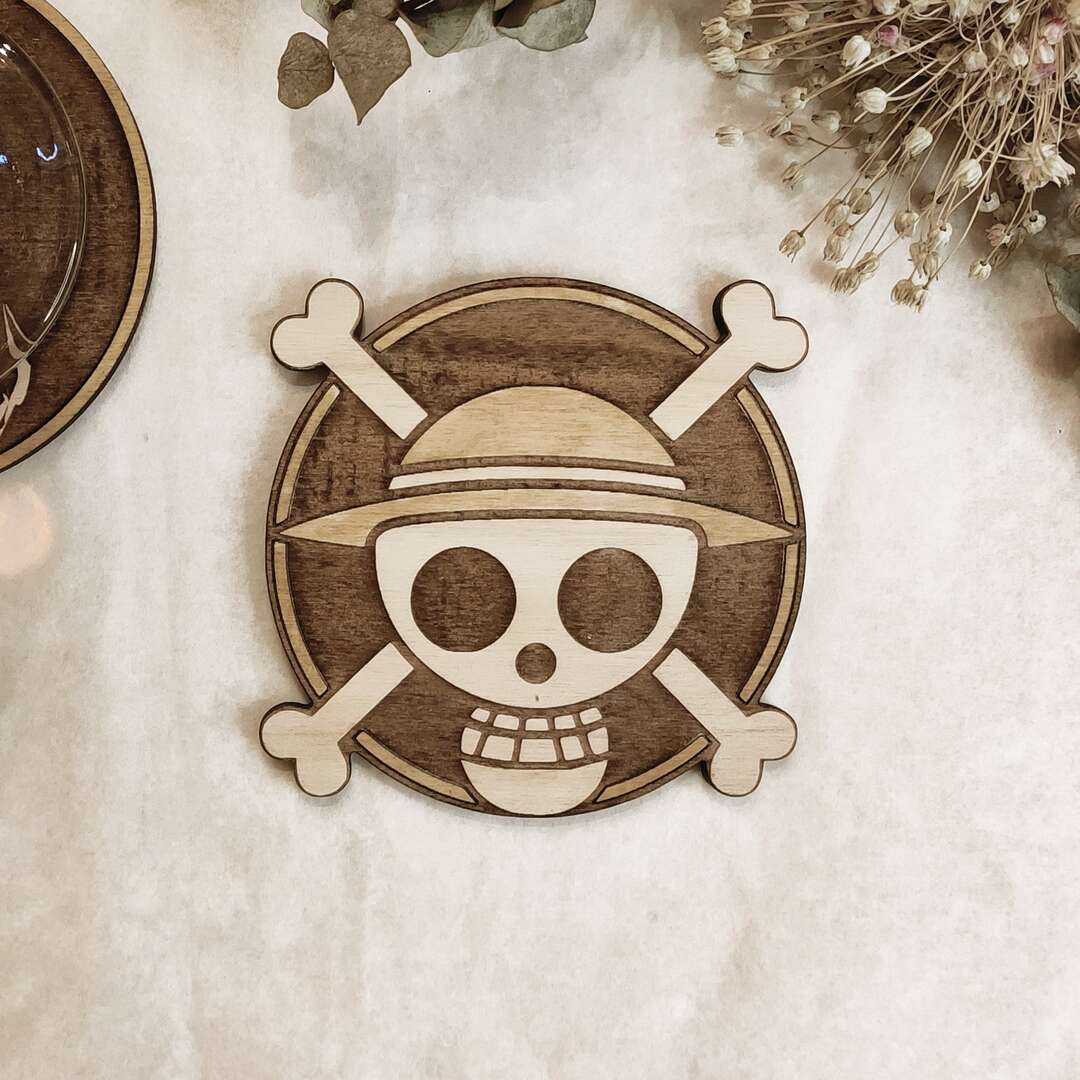 Set of Handmade Wooden Coasters Showcasing the Jolly Roger from One Piece by DECANTRE