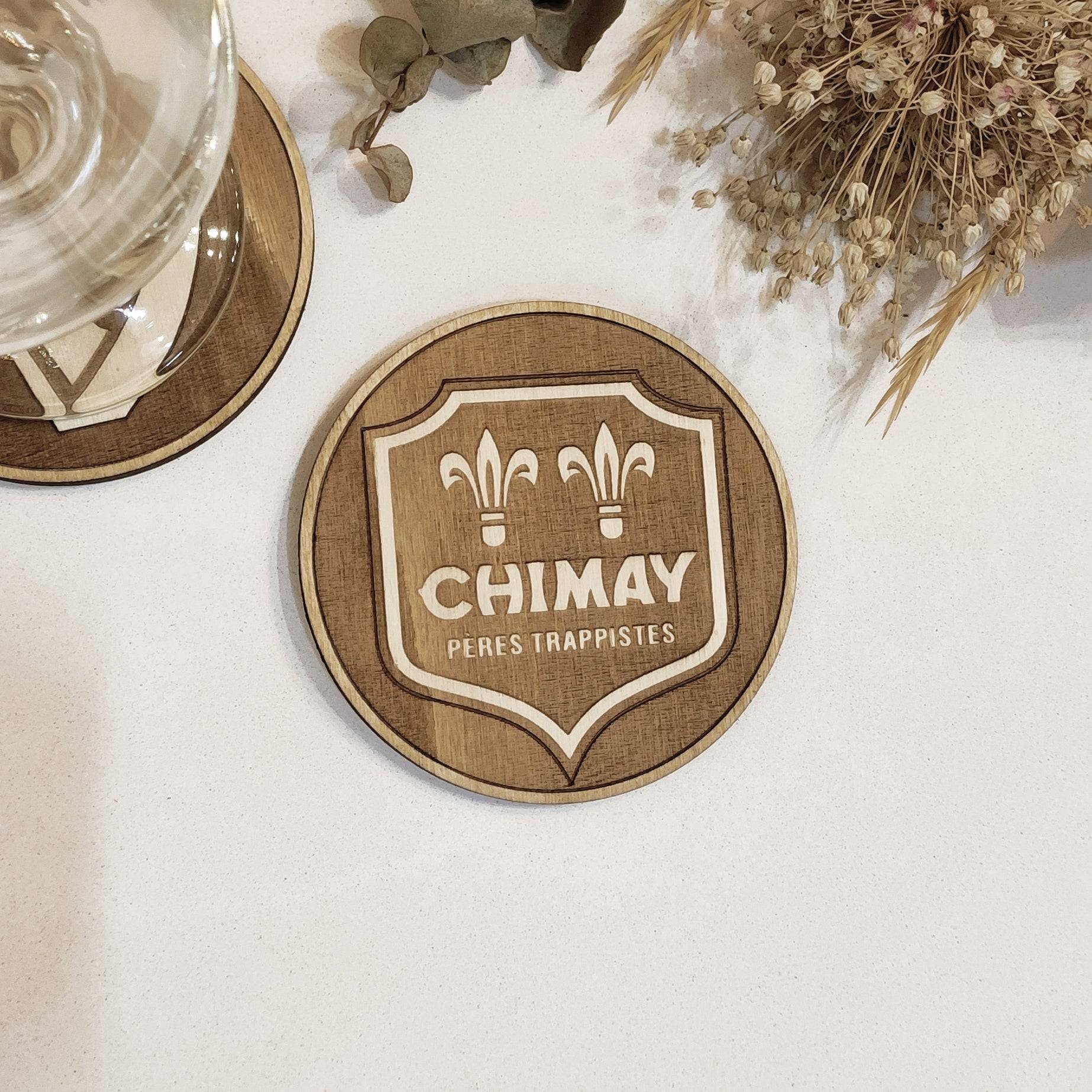 Handmade wooden coasters featuring Chimay Peres Trappistes, ideal for housewarming and kitchenware.
