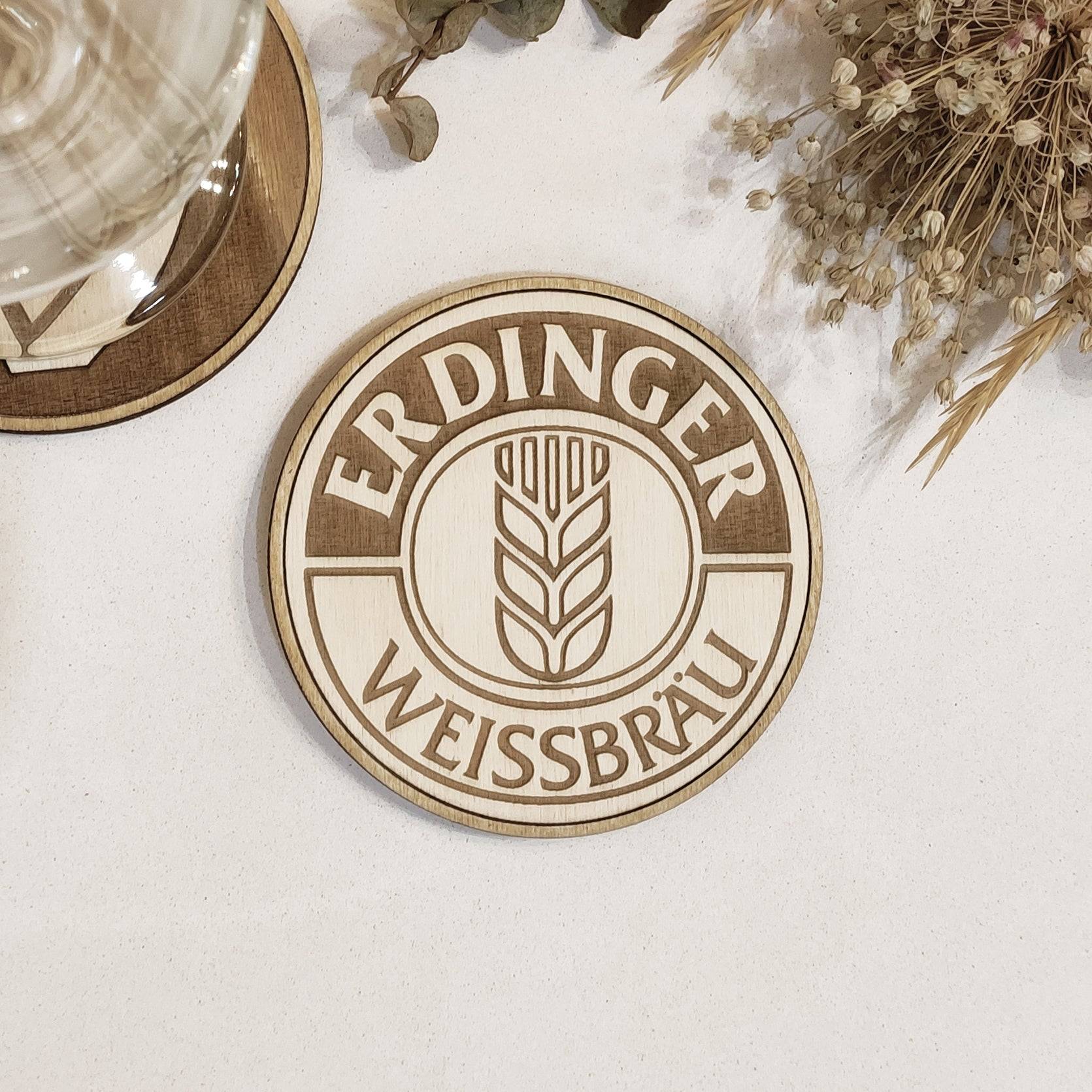 Handcrafted wooden coasters featuring Erdinger Weissbrau beer logo for kitchen decor.