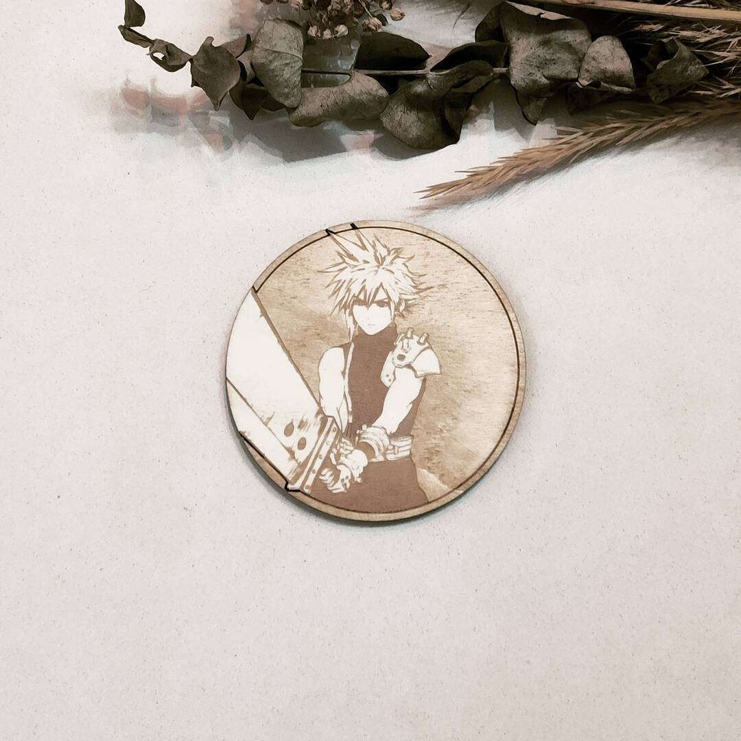 Handcrafted rustic wooden coasters with engraved design of Cloud Strife from Final Fantasy VII