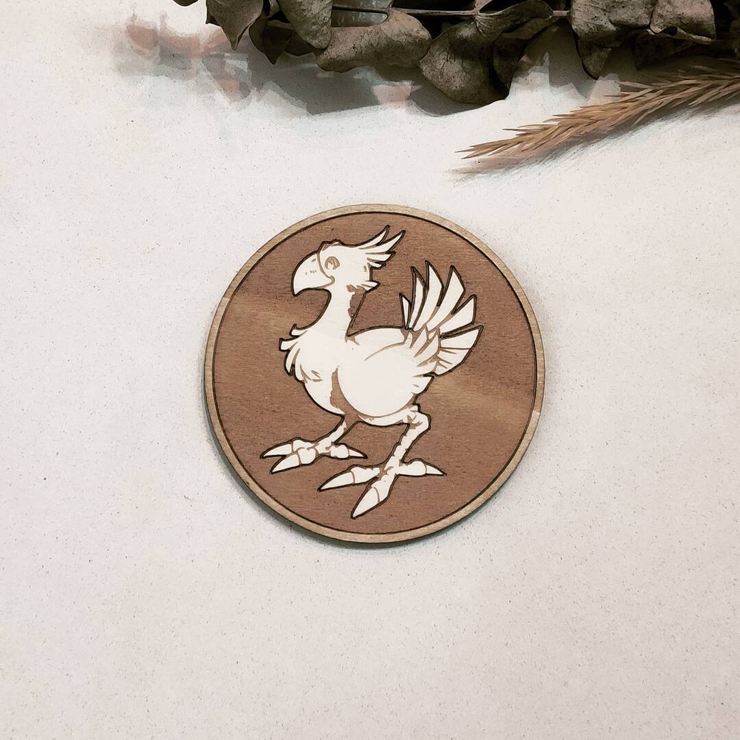 Handcrafted wooden coasters featuring adorable Chocobo designs inspired by Final Fantasy VII