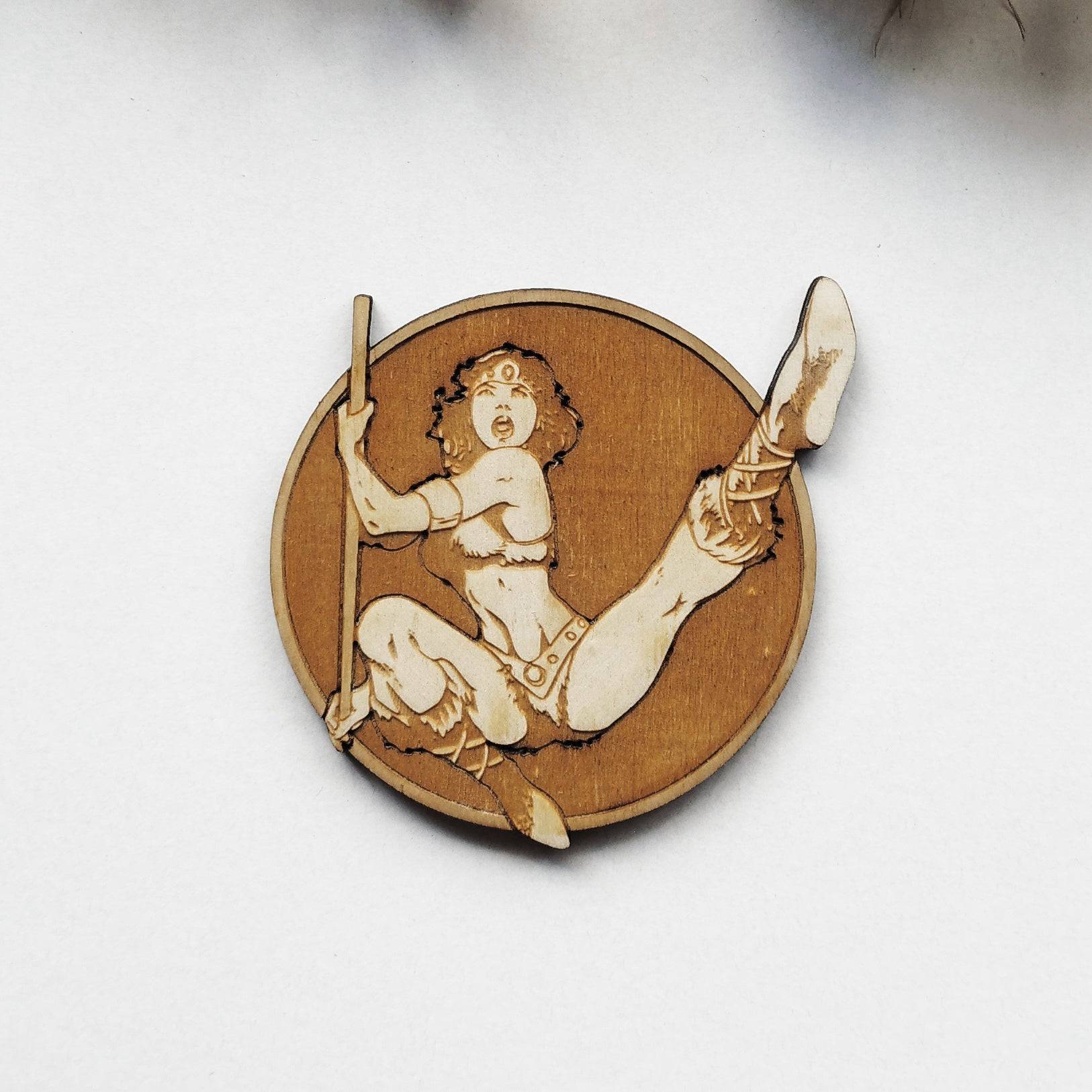 Handmade wooden coasters featuring Diana, The Acrobat, inspired by Dungeons & Dragons.