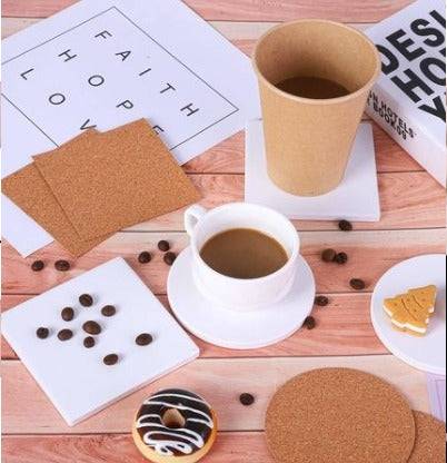 White Ceramic Coasters Bulk Set of 10 with Cork Square Round