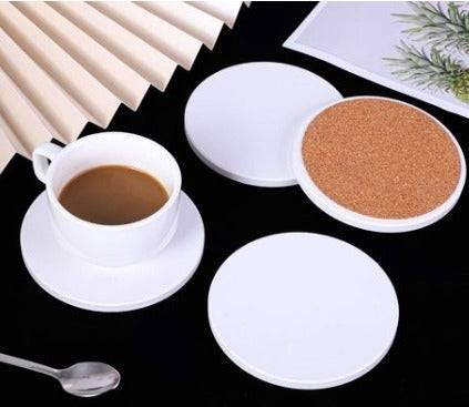 White Ceramic Coasters Bulk Set of 10 with Cork Square Round