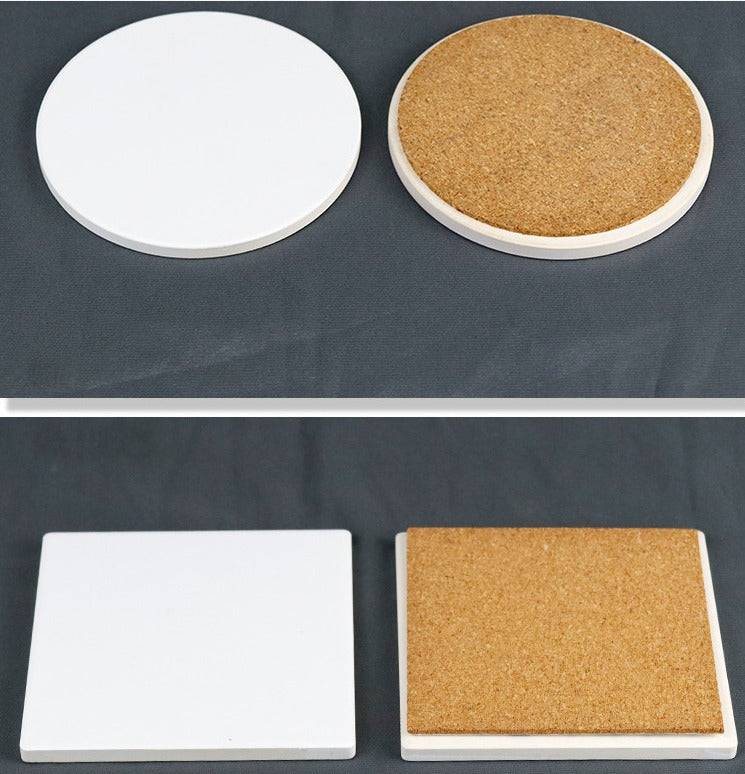 White Ceramic Coasters Bulk Set of 10 with Cork Square Round